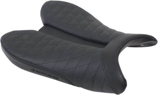 Black SADDLEMEN Track Seat with lattice stitch detail for Yamaha YZF 2010-2016, designed for sport motorcycle seating.