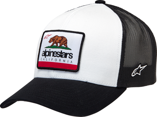 Black and white Alpinstars Cali 2.0 hat by Bill's Exhausts, one size, featuring protective gear design with logo on front.