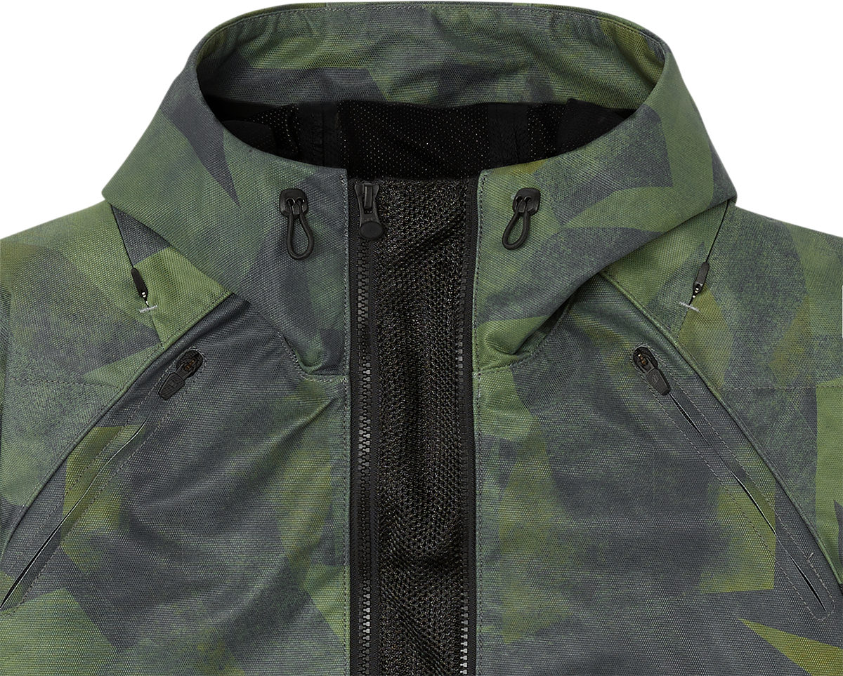 Green ICON Airform Battlescar™ jacket, small size, with detailed armor panels and sleek design, by Bill's Exhausts.