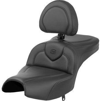 Black Saddlemens Roadsofa™ seat with backrest for Indian Pursuit models, from Bill's Exhausts, shown on motorcycle seat.
