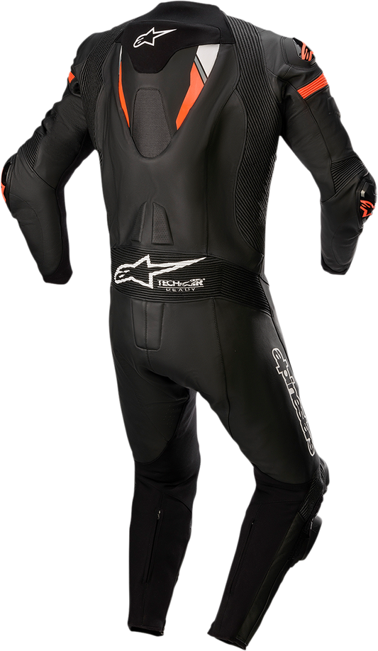 Alpinestars Missile Ignition v2 1-piece leather motorcycle suit in black and red fluorescent, US 40 / EU 50, displayed on a plain background.