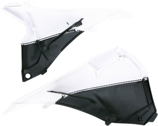 Acerbis Airbox Cover in white and black, motorcycle body part designed for optimal air intake, professional-grade motorcycle accessory.