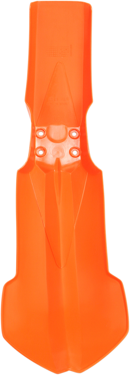 Acerbis front motorcycle fender in orange and black, designed for off-road or motocross bikes, with a sleek body style.