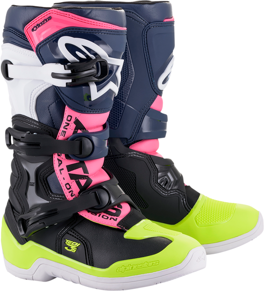 Alpinestars Tech 3S motorcycle boots in black, blue, pink, white, and yellow with US size 8, featuring protective design and branding.