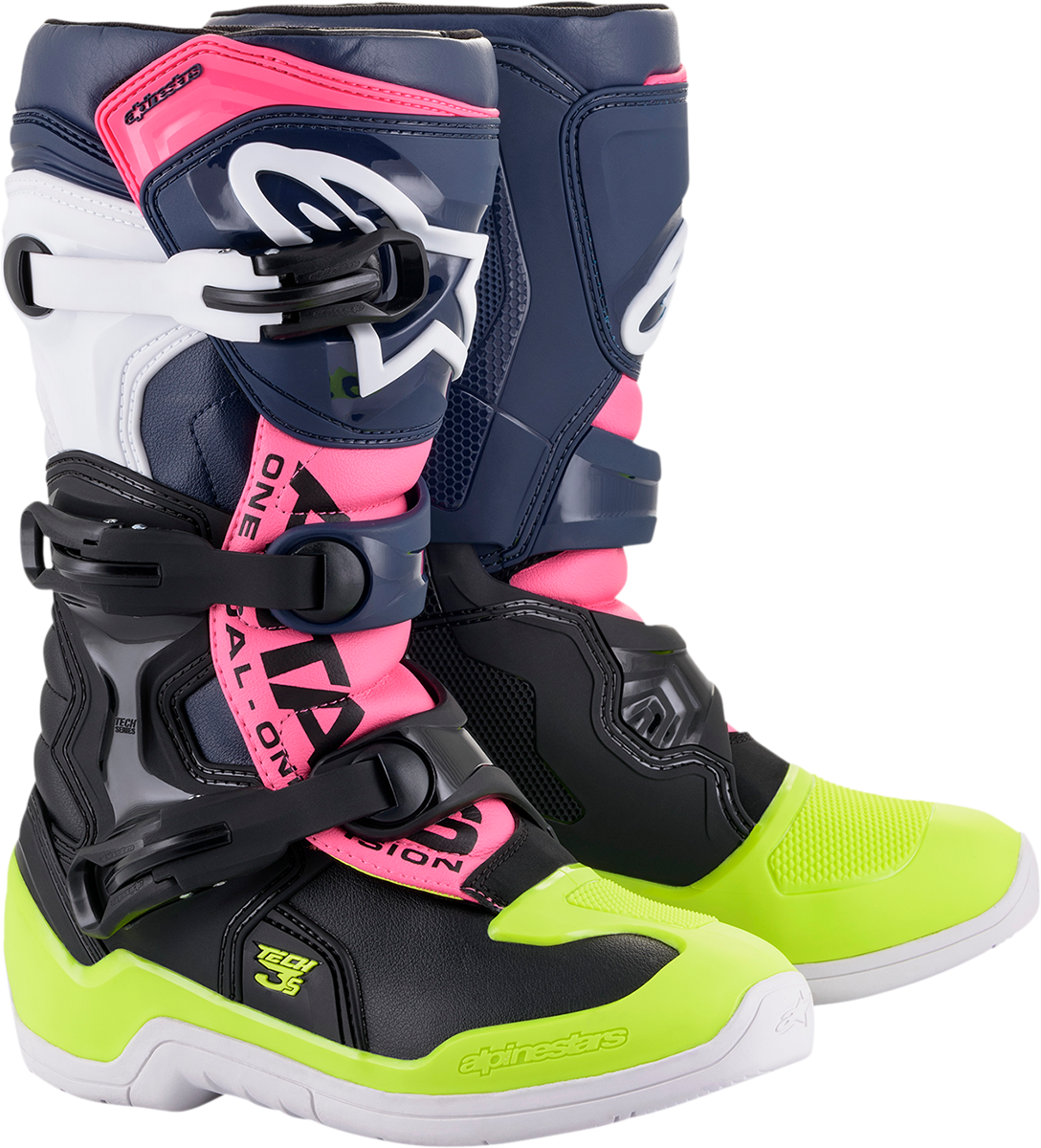 Alpinestars Tech 3S motorcycle boots in black, blue, pink, white, and yellow with reinforced soles and ankle protection.