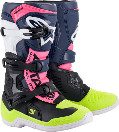 Alpinestars Tech 3S motorcycle boots in black, blue, pink, white, and yellow with reinforced soles and ankle protection.