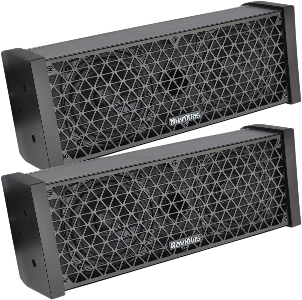 Bill's Exhausts NAVATLAS SB235 passive soundbar speakers with sleek black design and compact form, ideal for home audio setups.