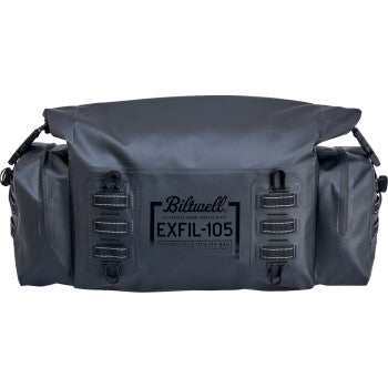 Black BILTWell Exfil-105 dry bag from Bill's Exhausts, showing durable waterproof material and secure roll-top closure.