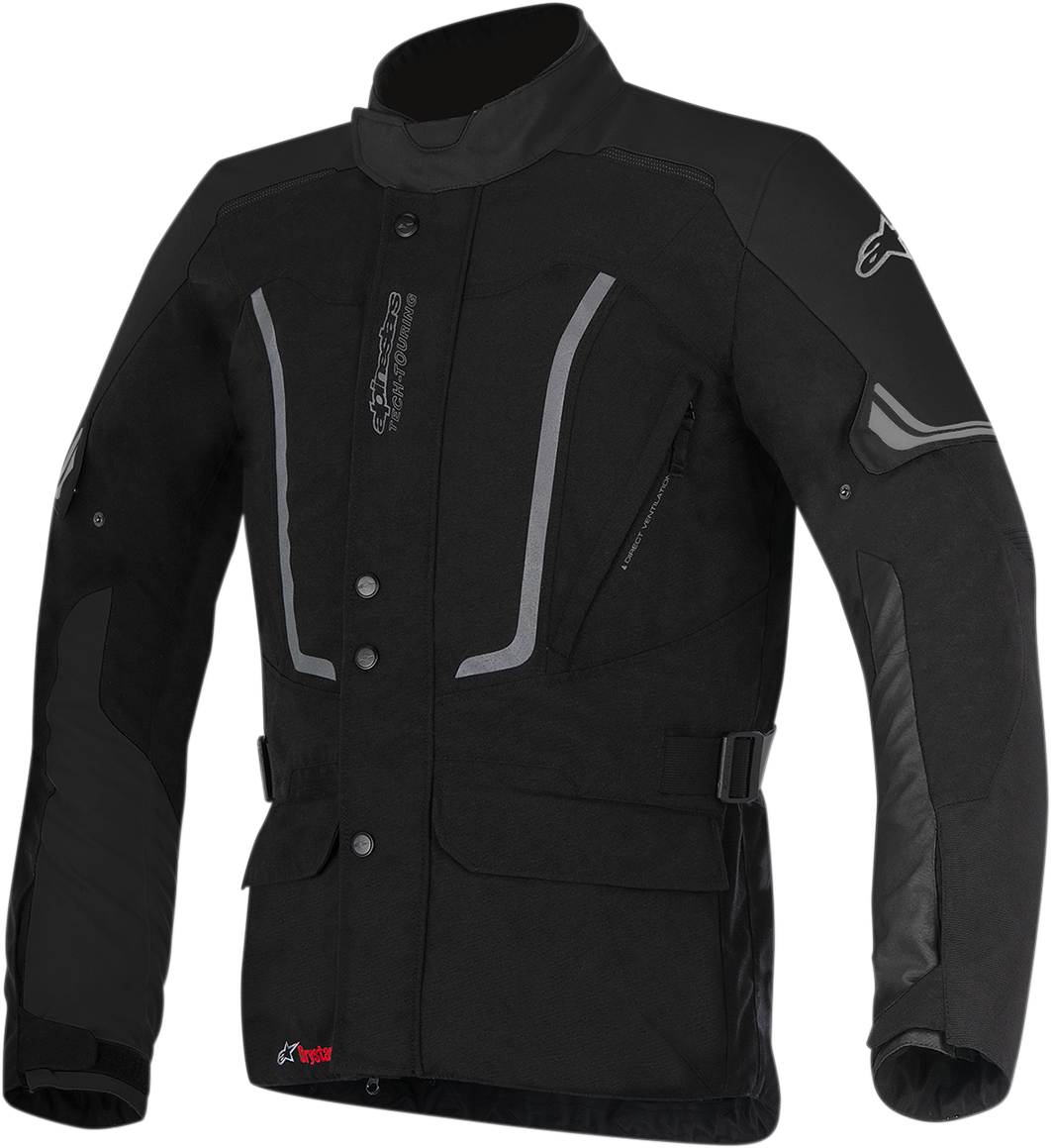 Black Alpinestars Vence Drystar® motorcycle jacket featuring protective armor, shown in small size, with visible zippers and technical fabric.