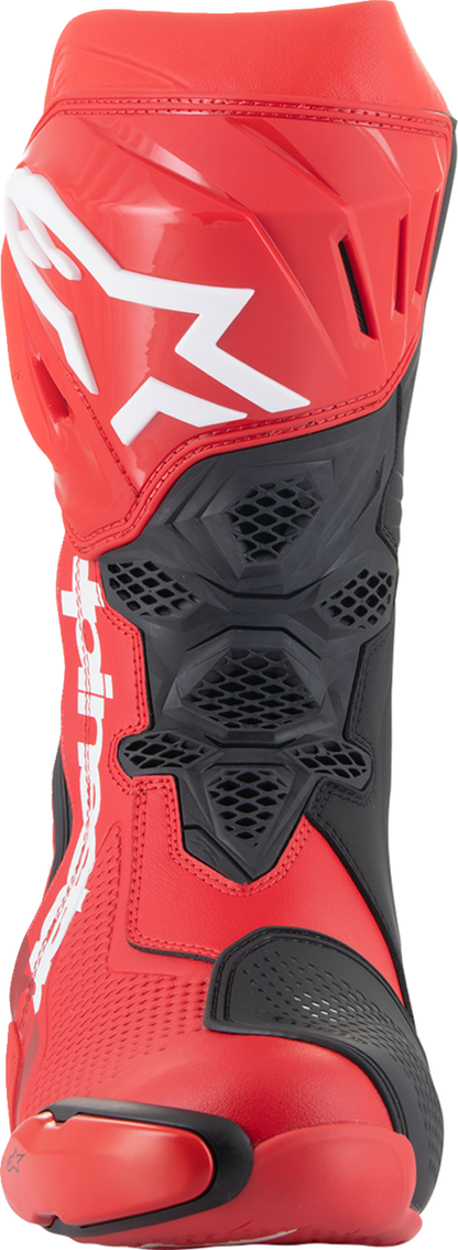 Alpinestars Supertech R motorcycle boots in red with black accents, US 9.5 / EU 44, showcasing the high-performance design.