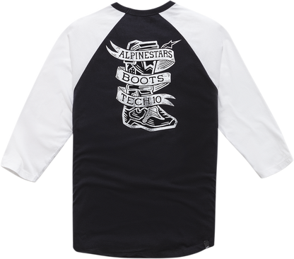 Black and white Alpinstars Booted Raglan T-Shirt in 2XL, featuring a casual fit and stylish graphic, by Bill's Exhausts.