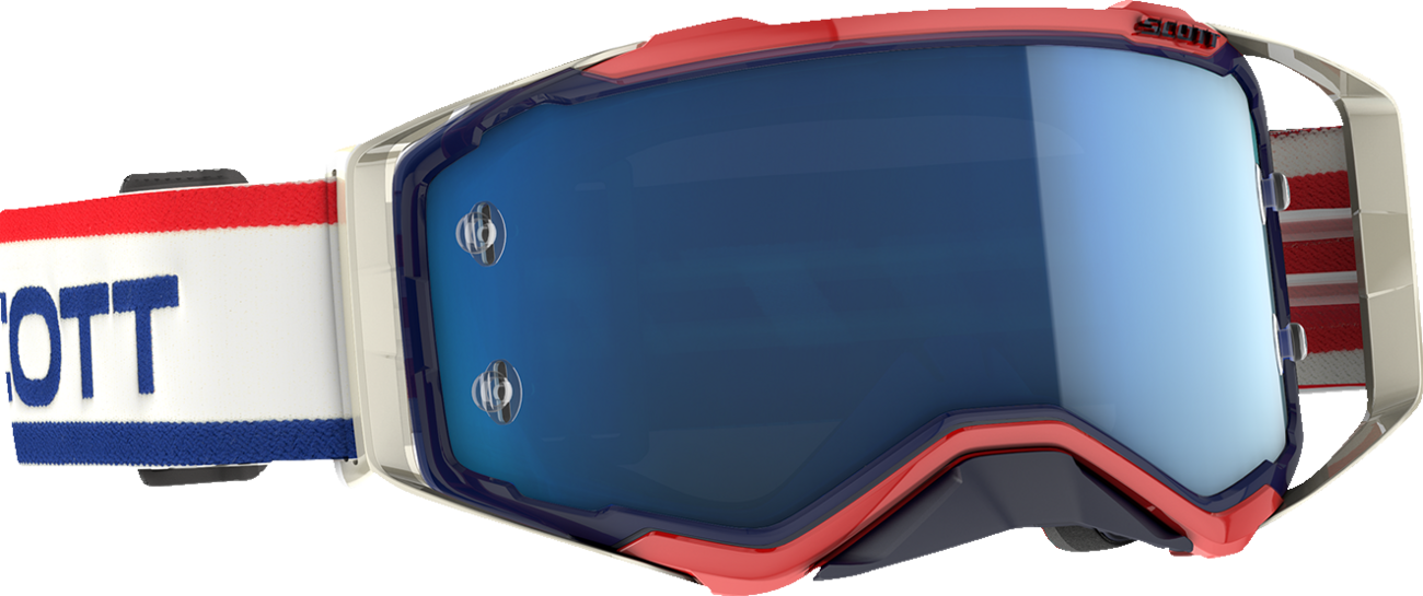 Scott Prospect goggles in retro white and blue with blue chrome detailing, designed for motorcycle riding.