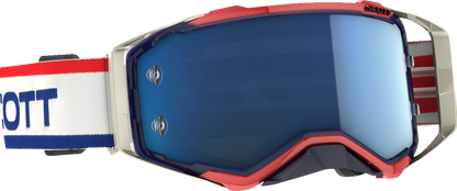 Scott Prospect goggles in retro white and blue with blue chrome detailing, designed for motorcycle riding.