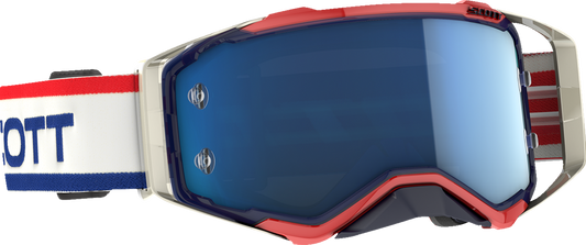 Scott Prospect goggles in retro white and blue with blue chrome detailing, designed for motorcycle riding.