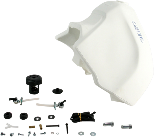 White Acerbis gas tank for Suzuki DR 350, 4.25-gallon capacity, motorcycle body part with mounting points and brand logo.