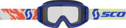 Youth SCOTT Primal Goggles in blue with clear lenses, designed for safety and comfort during motocross and off-road riding.
