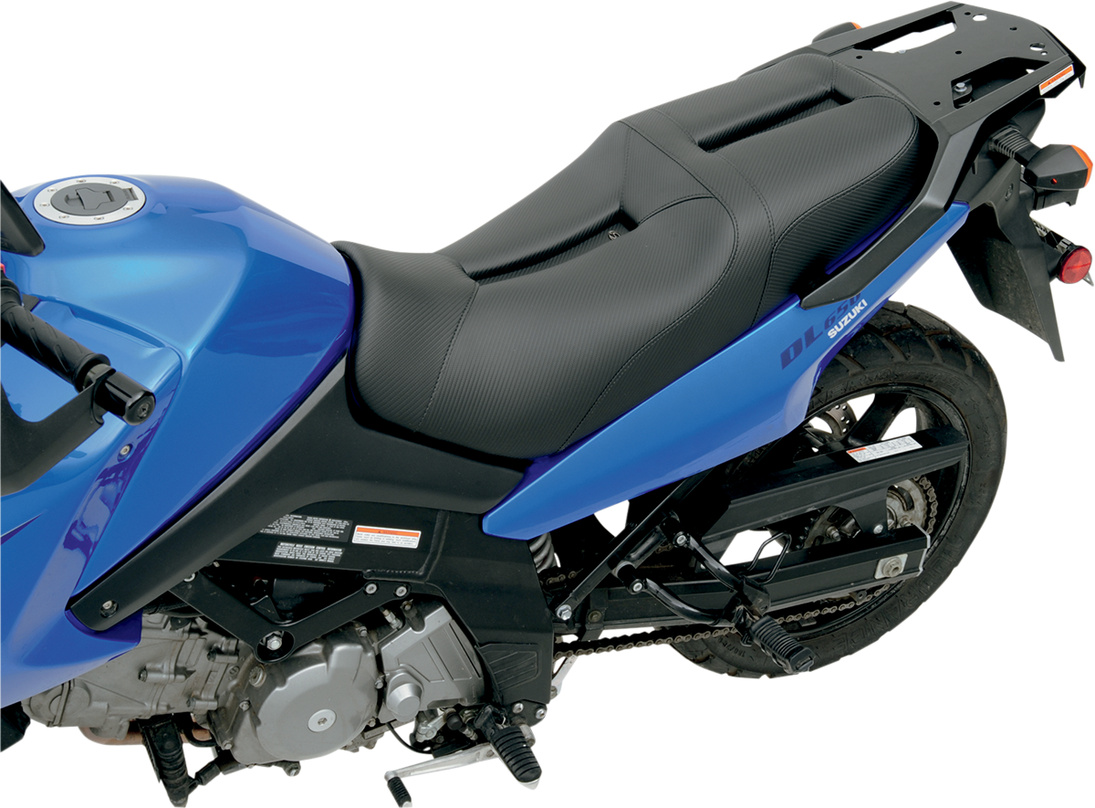 Black SADDLEMEN Gel Channel Track carbon fiber sport seat for VStrom motorcycle, featuring sleek design and ergonomic contour.