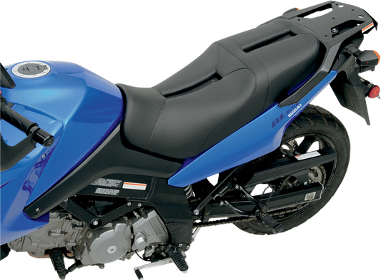 Black SADDLEMEN Gel Channel Track carbon fiber sport seat for VStrom motorcycle, featuring sleek design and ergonomic contour.