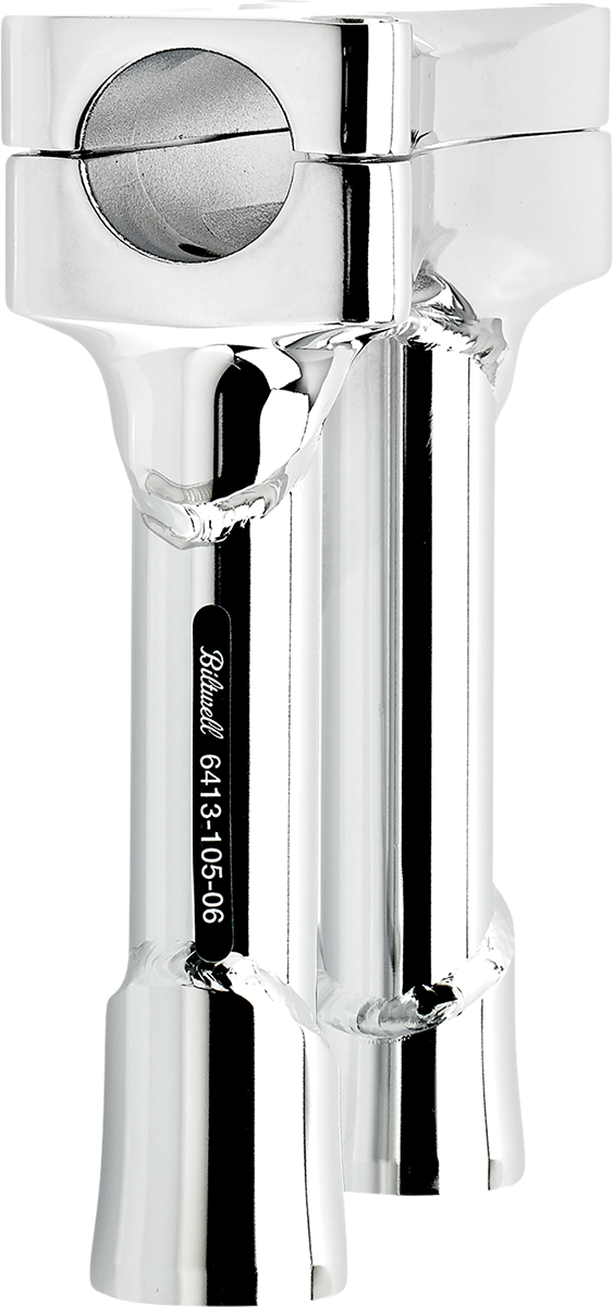 Chrome BILTWELL Murdock Oversized 6-inch handlebars risers for motorcycle handlebars by Bill's Exhausts, shown from side angle.