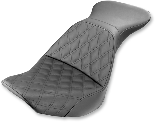 Bill's Exhausts SADDLEMEN Explorer Seat for FLSTN with lattice stitching, featuring a comfortable motorcycle seat design.