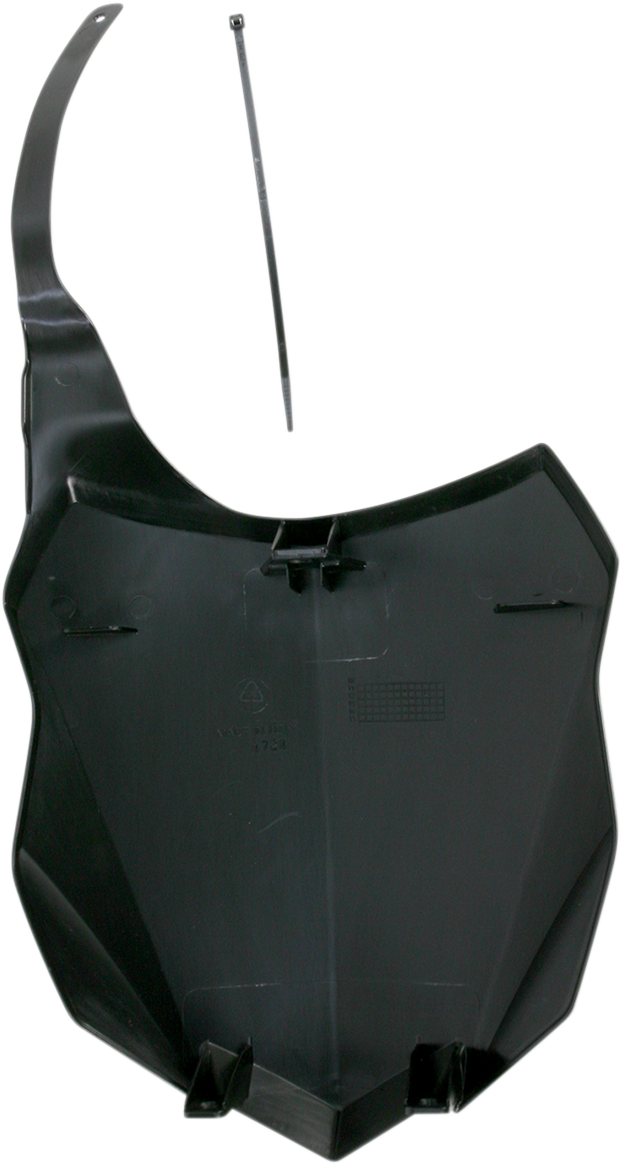 A black Acerbis front number plate for motorcycle, mounted on a body panel, showing the product design and branding details.