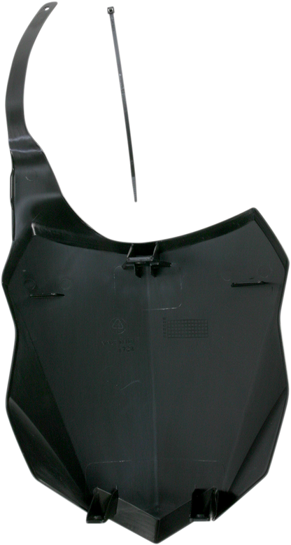A black Acerbis front number plate for motorcycle, mounted on a body panel, showing the product design and branding details.