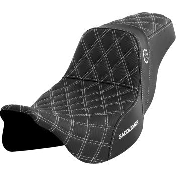 Bill's Exhausts SADDLEMEN Pro Series SDC motorcycle seat with white stitching, designed for FLH/FLT models 2008-2023.
