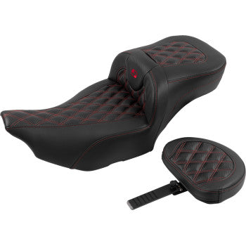 Bill's Exhausts SADDLEMEN Roadsofa™ extended reach motorcycle seat with backrest, lattice stitch, red stitching for FLTR/FLHX 2023-2024
