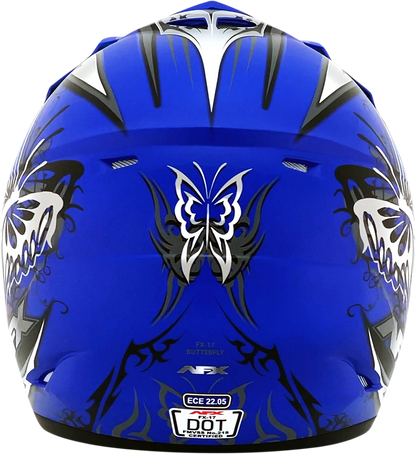 Matte blue Butterfly AFX FX-17Y helmet, medium size, with ventilation vents and sleek design, by Bill's Exhausts.