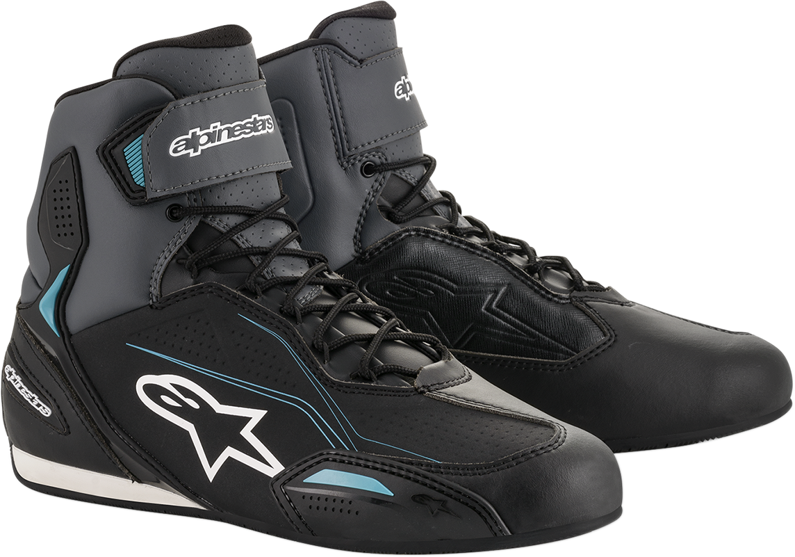 Alpinestars Stella Faster-3 riding shoes in black, gray, and blue, size US 8, featuring protective design and sporty style.