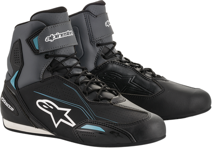 Alpinestars Stella Faster-3 riding shoes in black, gray, and blue, size US 8, featuring protective design and sporty style.