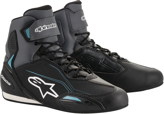 Alpinestars Stella Faster-3 riding shoes in black, gray, and blue, size US 8, featuring protective design and sporty style.