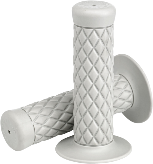 White 1-inch Thruster grips by Bill's Exhausts, featuring textured rubber surface and ergonomic design for motorcycle handlebars.