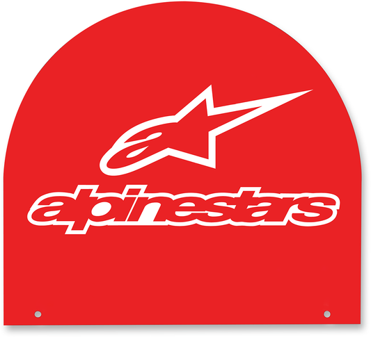 Alpinestars 4-Way Display Header Sign 9903-0577, mounted on a display stand for visibility in a retail setting.