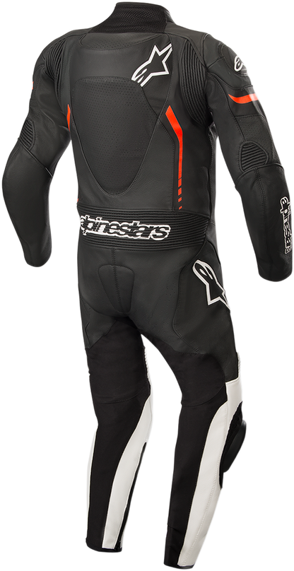 Alpinestars youth GP Plus 1-piece leather motorcycle suit in black, white, and red fluorescent with padded design and racing style.