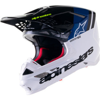 Alpinestars Supertech M8 helmet in gloss blue and white with MIPS® protection, XS size, shown from side angle.