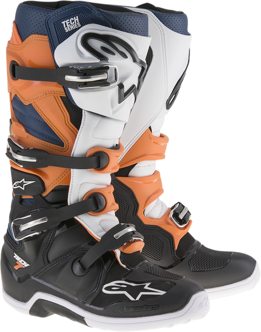 Alpinestars Tech 7 motorcycle boots in black, orange, and white with US size 5, featuring sturdy design and protective features.