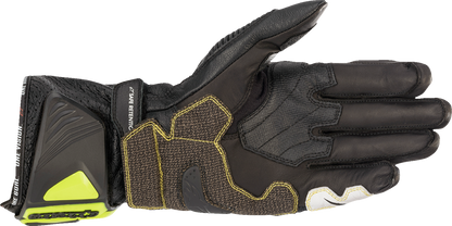 Alpinestars GP Tech V2 S motorcycle gloves in black, fluo yellow, white, and fluo red, medium size, showing protective design
