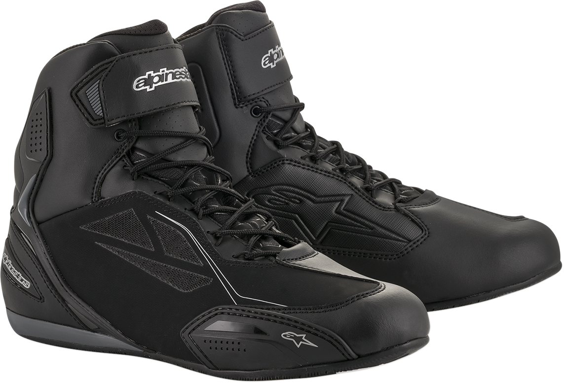 Alpinestars Faster-3 Drystar® motorcycle shoes in black and silver, US 5.5, featuring durable construction and sporty design.