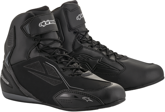 Alpinestars Faster-3 Drystar® motorcycle shoes in black and silver, US 7.5, featuring durable design and protective features.