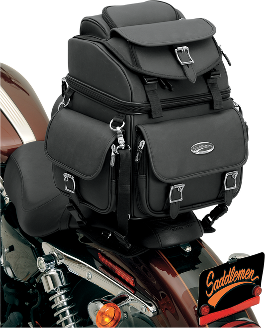 Bill's Exhausts SADDLEMEN sissy bar bag for motorcycle seat with durable black design and secure mounting features.