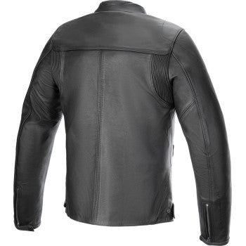Black Alpinstars Blacktrack leather jacket in 3XL with detailed stitching and zippered pockets, showcasing a sleek, fitted design.