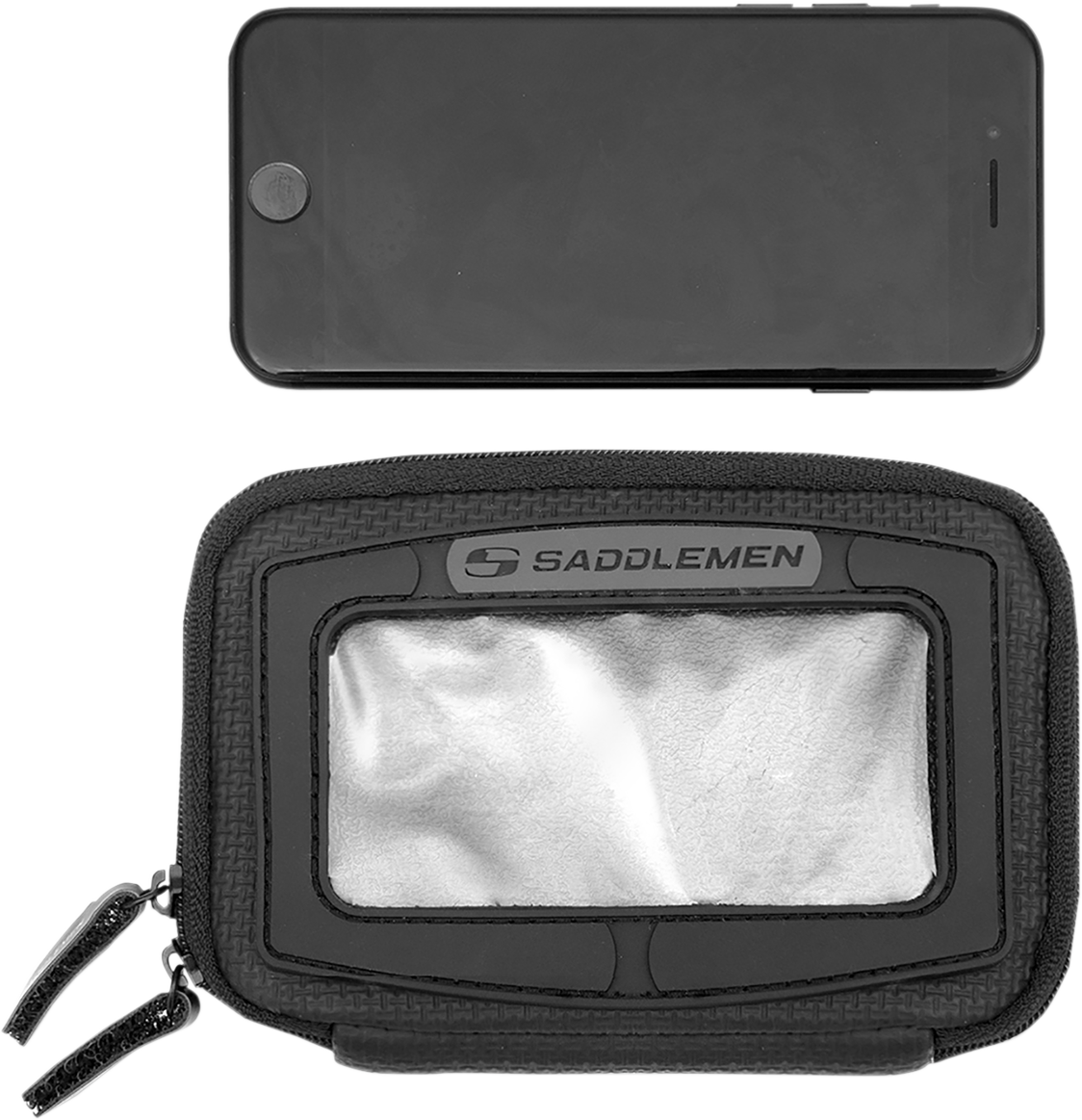 Saddlemens E-Pak tank bag mounted on motorcycle seat, featuring durable design and secure attachment for riding convenience.