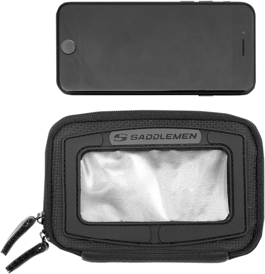 Saddlemens E-Pak tank bag mounted on motorcycle seat, featuring durable design and secure attachment for riding convenience.