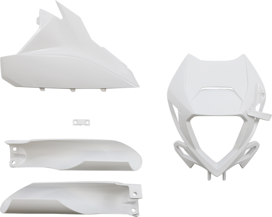 A white Acerbis full replacement motorcycle body kit with sleek design, featuring front and side panels for a custom look.
