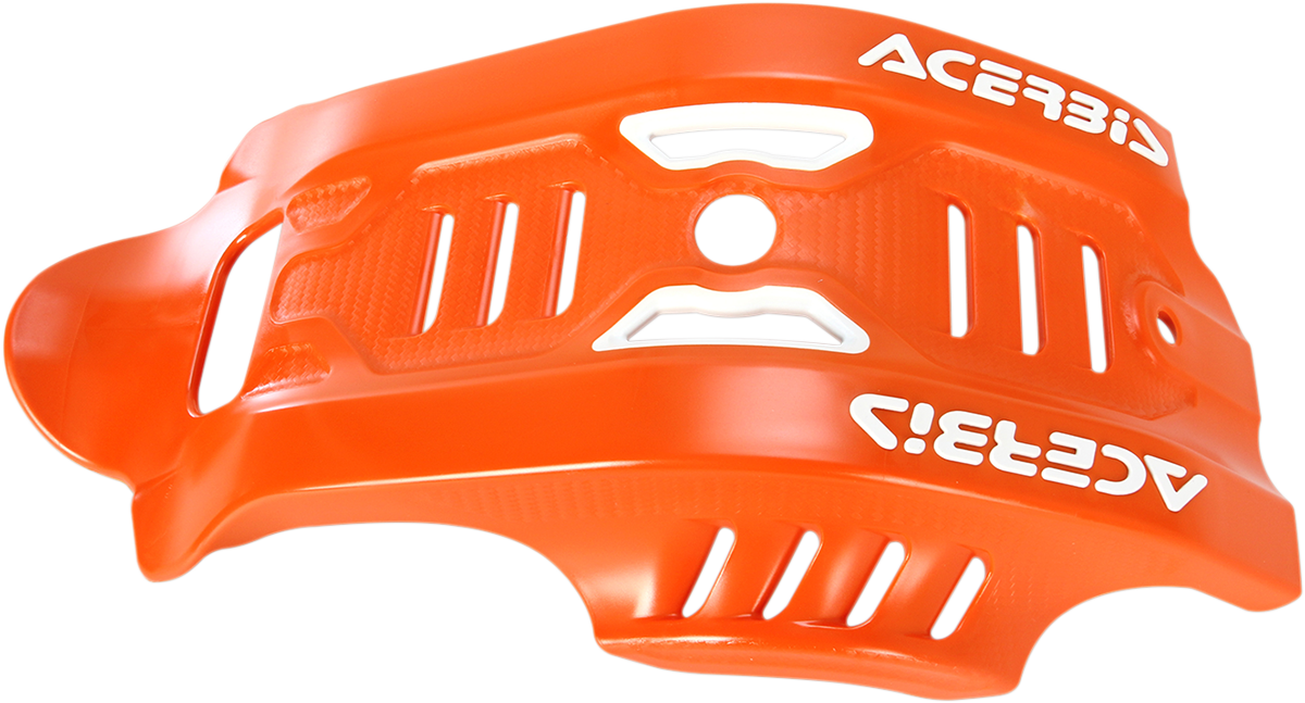Orange ACERBIS skid plate for Husqvarna and KTM bikes, body protection part with mounting details.
