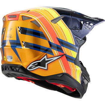 Alpinestars Supertech M10 TLD Edition 25 helmet in glossy dark blue, orange, yellow, and fluo red, XS size, with MIPS technology.
