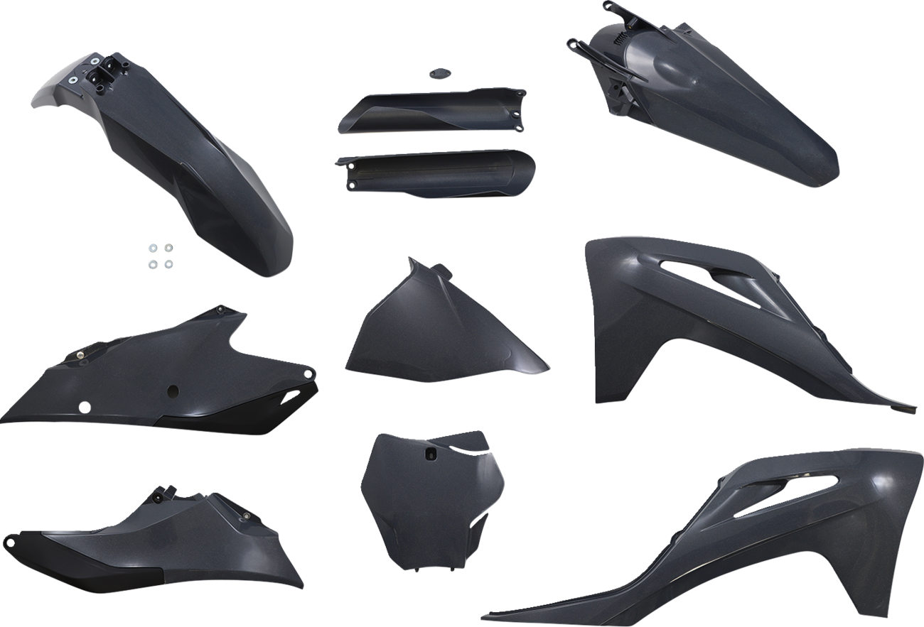 A gray metallic Acerbis standard replacement body kit, designed for motorcycle body panels, featuring smooth, durable plastic surfaces.