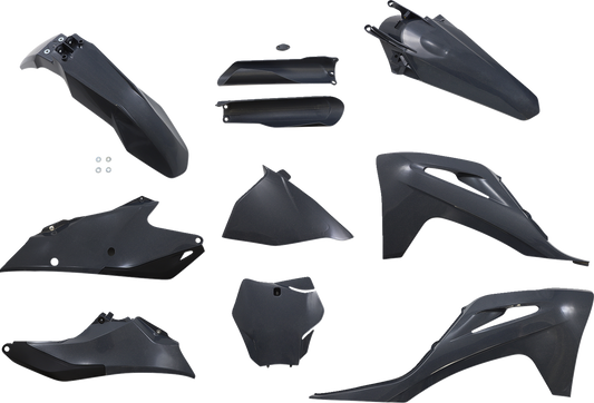 A gray metallic Acerbis standard replacement body kit, designed for motorcycle body panels, featuring smooth, durable plastic surfaces.