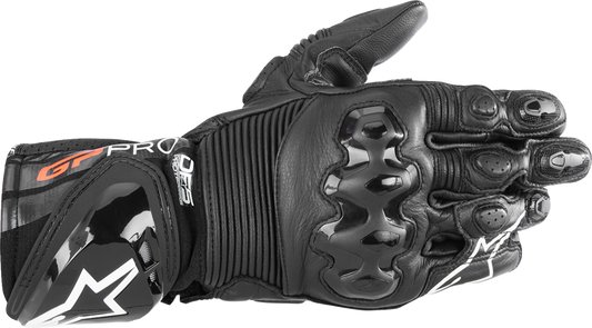 Alpinestars GP Pro R4 motorcycle gloves in black, small size, featuring protective knuckles and adjustable wrist straps.
